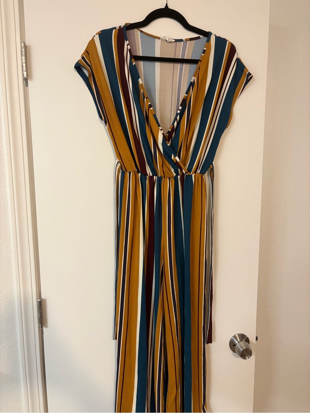 Caution To The Wind Striped Wrap Maxi Dress in Mustard, Teal & Navy